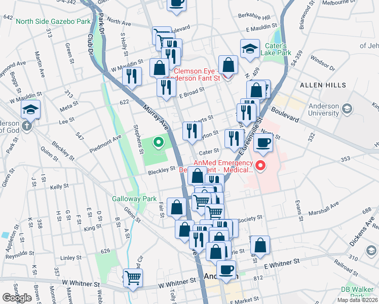 map of restaurants, bars, coffee shops, grocery stores, and more near 1007 North Main Street in Anderson