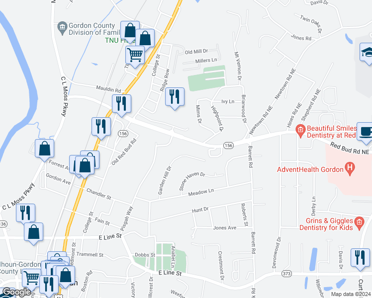 map of restaurants, bars, coffee shops, grocery stores, and more near 120 Garden Hill Dr in Calhoun