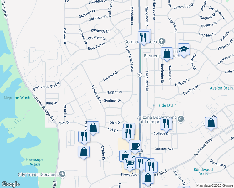 map of restaurants, bars, coffee shops, grocery stores, and more near 1870 Nugget Drive in Lake Havasu City