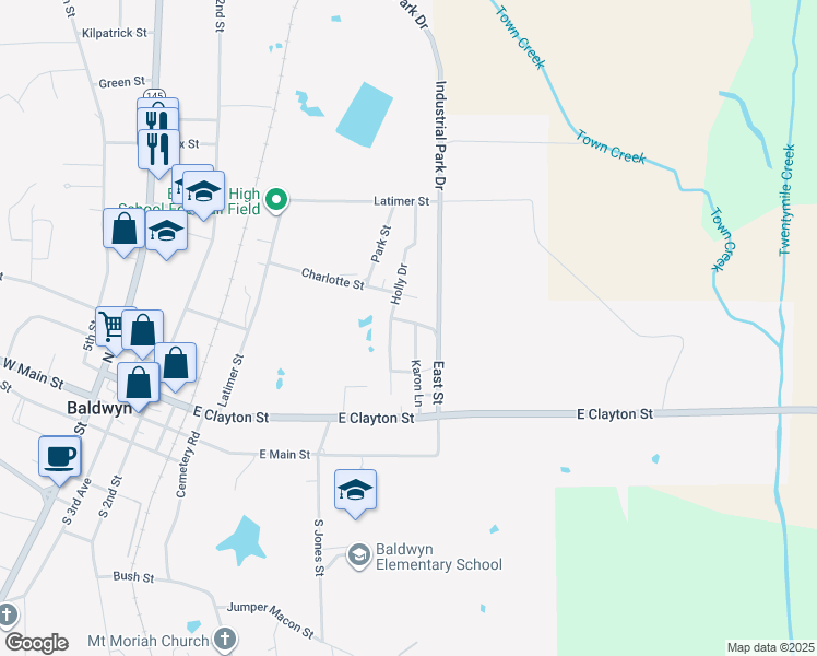 map of restaurants, bars, coffee shops, grocery stores, and more near 513 Karon Lane in Baldwyn