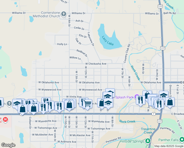 map of restaurants, bars, coffee shops, grocery stores, and more near 1106 West Tahlequah Avenue in Sulphur
