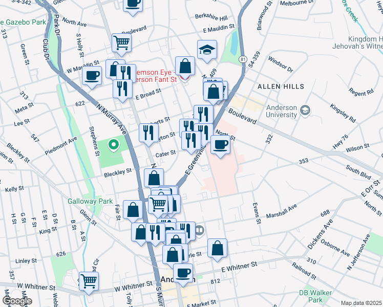 map of restaurants, bars, coffee shops, grocery stores, and more near 402 Greenville Street East in Anderson