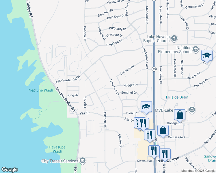 map of restaurants, bars, coffee shops, grocery stores, and more near 1750 Piper Bay in Lake Havasu City