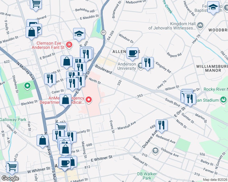 map of restaurants, bars, coffee shops, grocery stores, and more near 417 North Street in Anderson