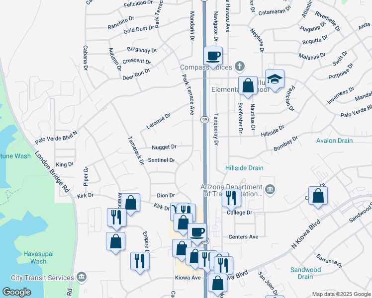 map of restaurants, bars, coffee shops, grocery stores, and more near 1920 Nugget Dr in Lake Havasu City