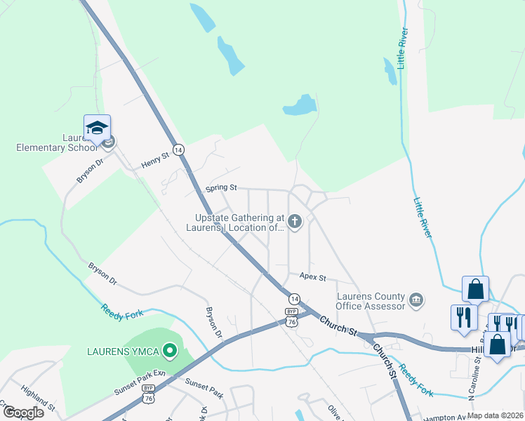 map of restaurants, bars, coffee shops, grocery stores, and more near 209 Oakwood Drive in Laurens