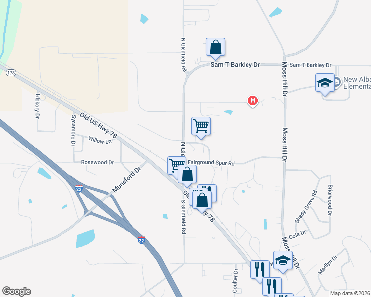 map of restaurants, bars, coffee shops, grocery stores, and more near 112 North Glenfield Road in New Albany