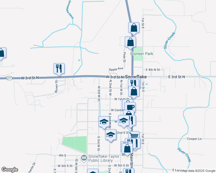 map of restaurants, bars, coffee shops, grocery stores, and more near 220 North 2nd Street West in Snowflake