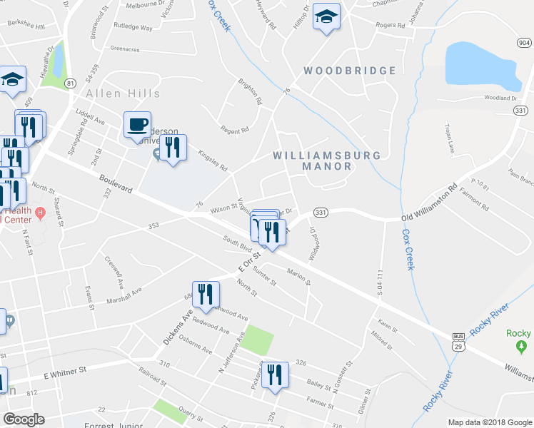 map of restaurants, bars, coffee shops, grocery stores, and more near 15 Gilmer Drive in Anderson