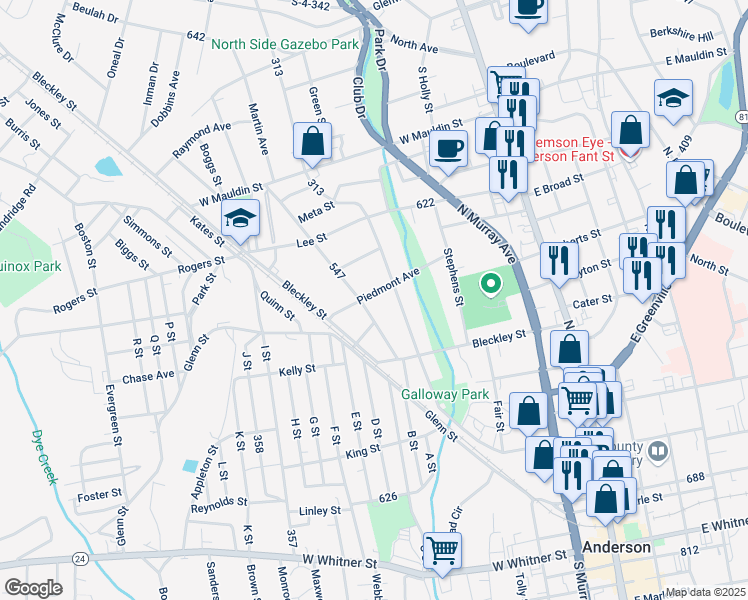 map of restaurants, bars, coffee shops, grocery stores, and more near 1106 West End Avenue in Anderson