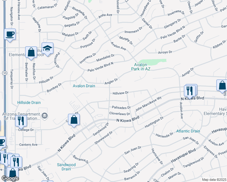 map of restaurants, bars, coffee shops, grocery stores, and more near 2405 Hillview Drive in Lake Havasu City