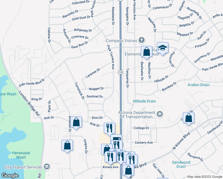 map of restaurants, bars, coffee shops, grocery stores, and more near 1920 Nugget Drive in Lake Havasu City
