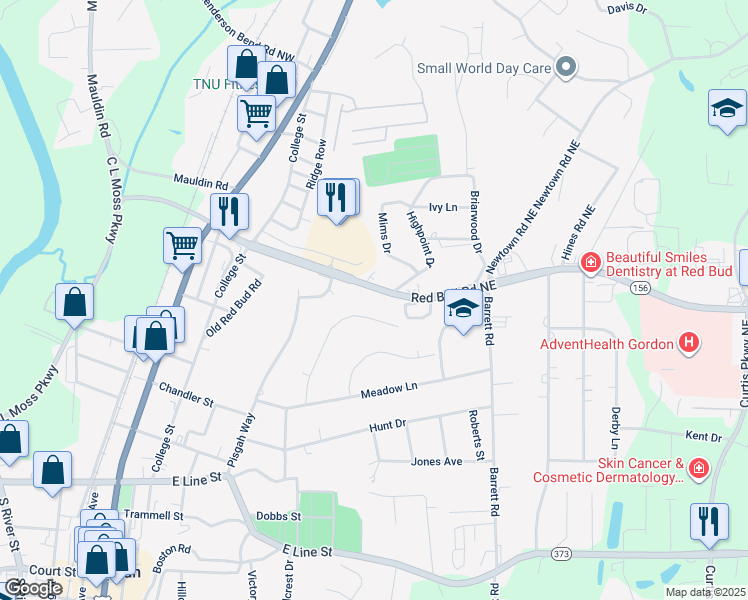 map of restaurants, bars, coffee shops, grocery stores, and more near 120 Garden Hill Drive in Calhoun