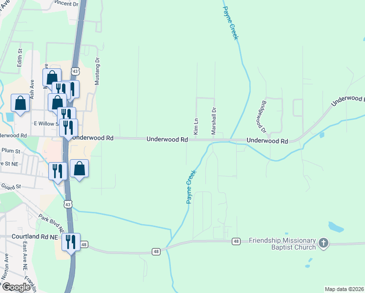 map of restaurants, bars, coffee shops, grocery stores, and more near 111 Kimbrough Lane in Russellville
