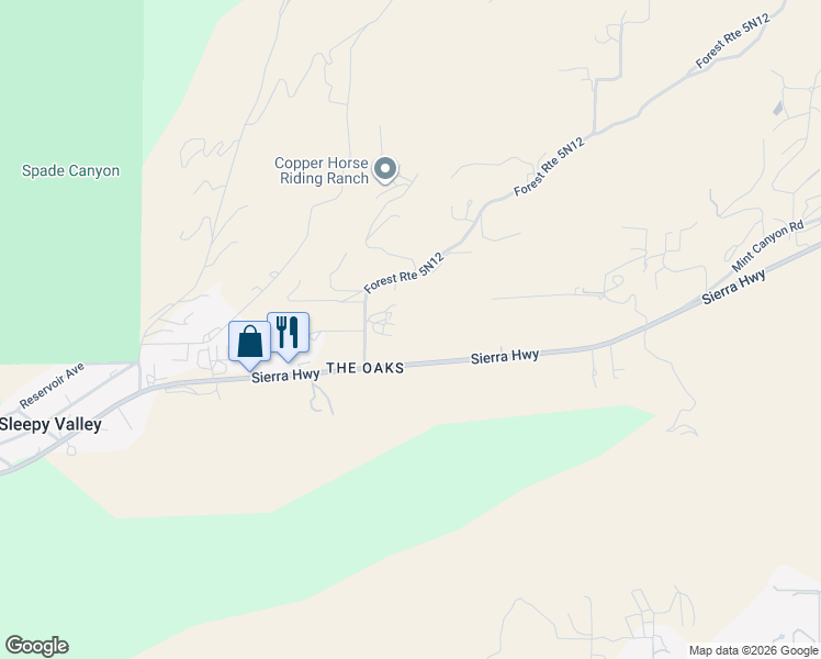 map of restaurants, bars, coffee shops, grocery stores, and more near 12625 Sierra Highway in Agua Dulce
