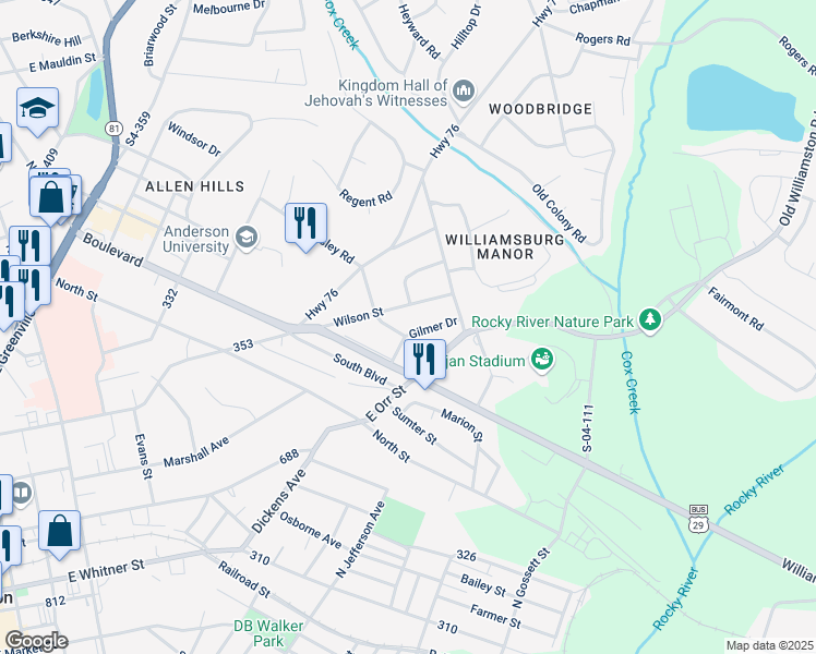 map of restaurants, bars, coffee shops, grocery stores, and more near 112 Virginia Circle in Anderson