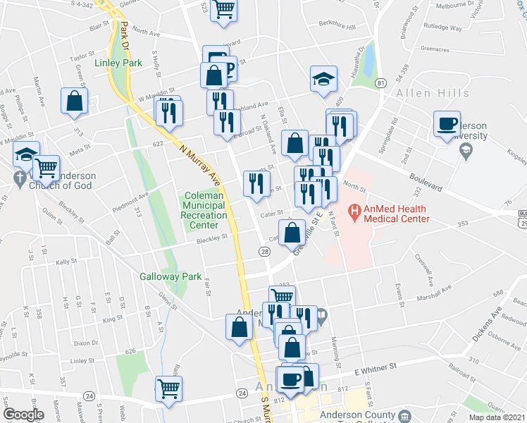 map of restaurants, bars, coffee shops, grocery stores, and more near 1000 North Main Street in Anderson