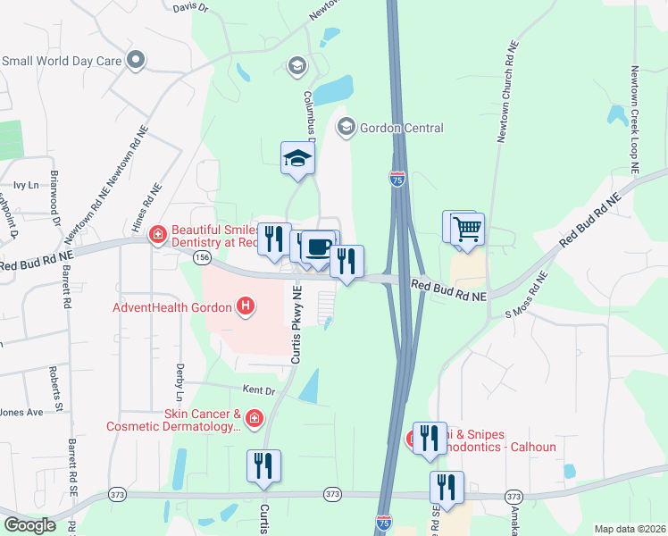map of restaurants, bars, coffee shops, grocery stores, and more near 1128 Red Bud Road Northeast in Calhoun