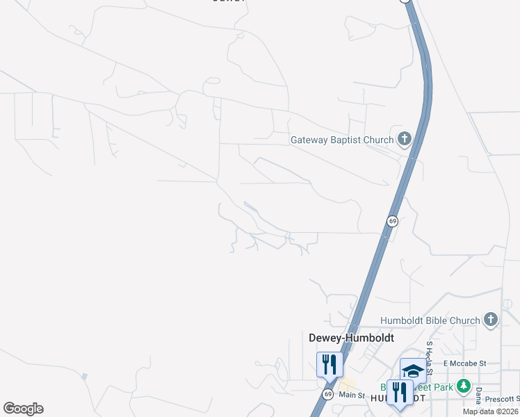 map of restaurants, bars, coffee shops, grocery stores, and more near 12496 East Orange Rock Road in Dewey-Humboldt