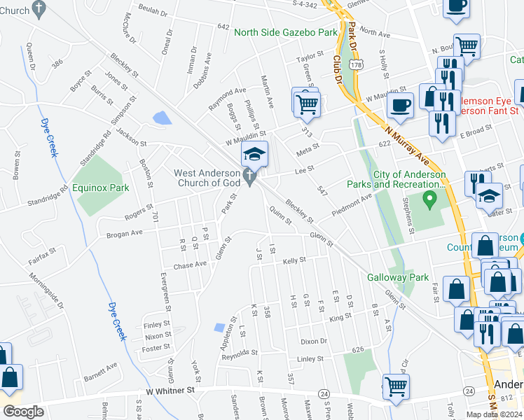 map of restaurants, bars, coffee shops, grocery stores, and more near 204 North I Street in Anderson