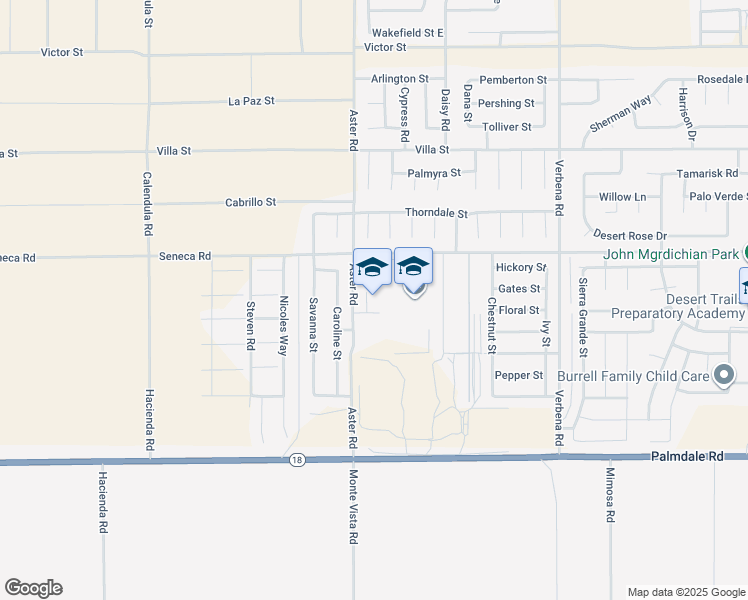 map of restaurants, bars, coffee shops, grocery stores, and more near 14409 Aster Road in Adelanto