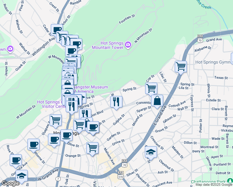 map of restaurants, bars, coffee shops, grocery stores, and more near 610 Spring Street in Hot Springs