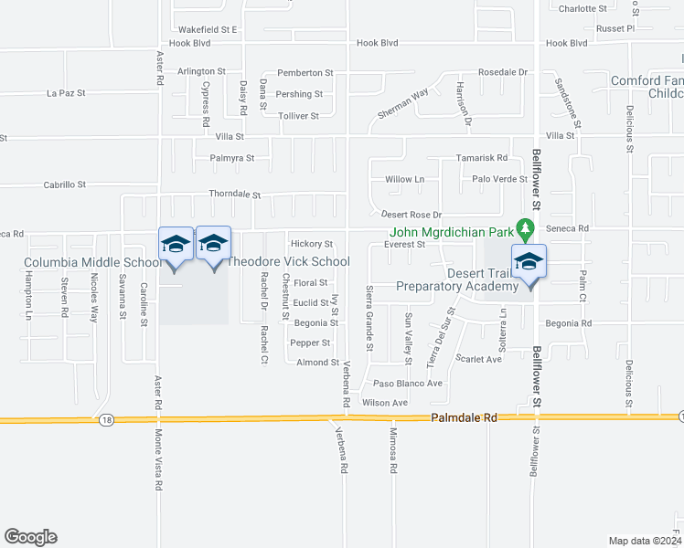 map of restaurants, bars, coffee shops, grocery stores, and more near 14407 Ivy Street in Adelanto