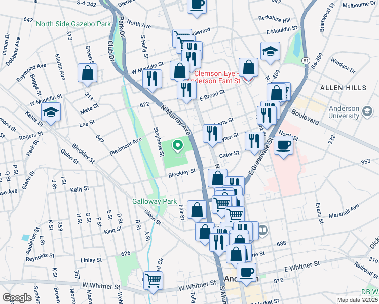 map of restaurants, bars, coffee shops, grocery stores, and more near 1107 North Murray Avenue in Anderson