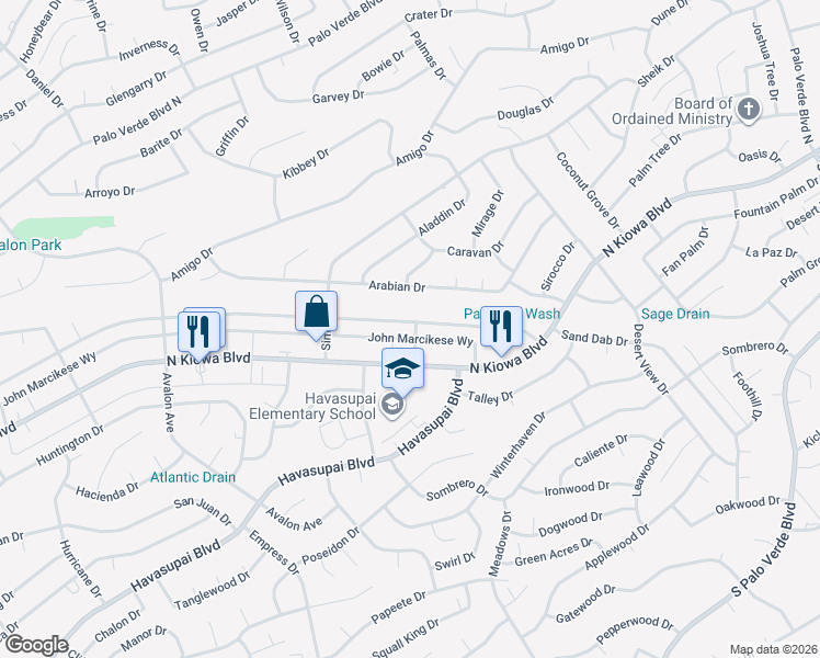 map of restaurants, bars, coffee shops, grocery stores, and more near 2940 Palisades Drive in Lake Havasu City