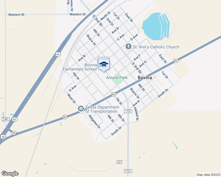 map of restaurants, bars, coffee shops, grocery stores, and more near 608 Avenue G in Bovina