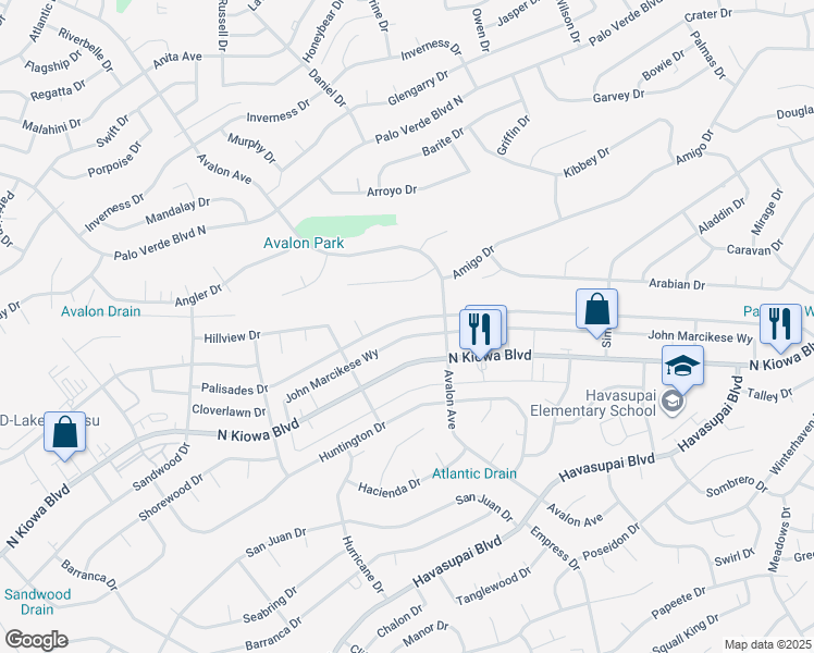 map of restaurants, bars, coffee shops, grocery stores, and more near 2653 North Kiowa Boulevard in Lake Havasu City