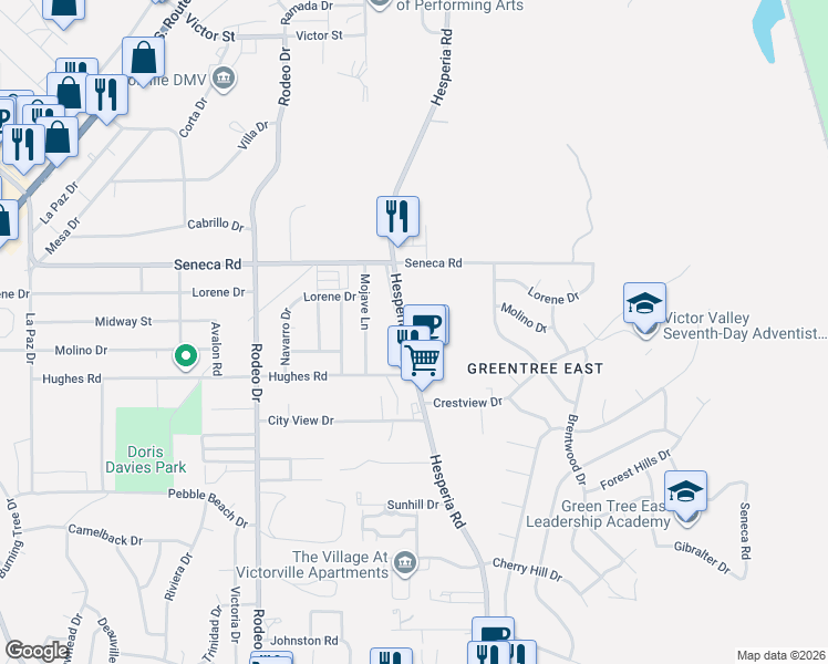 map of restaurants, bars, coffee shops, grocery stores, and more near 14362 Hesperia Road in Victorville