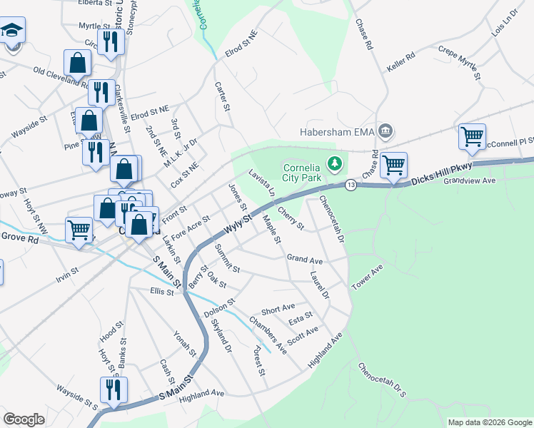 map of restaurants, bars, coffee shops, grocery stores, and more near 593 Maple Street in Cornelia
