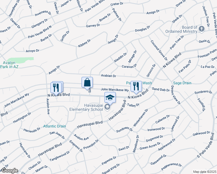map of restaurants, bars, coffee shops, grocery stores, and more near 2940 Palisades Drive in Lake Havasu City