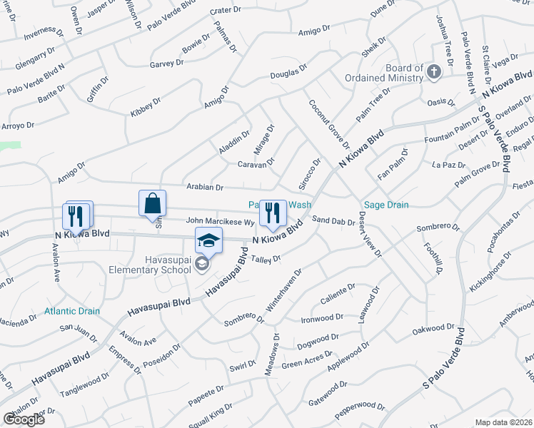 map of restaurants, bars, coffee shops, grocery stores, and more near 3024 Palisades Lane in Lake Havasu City