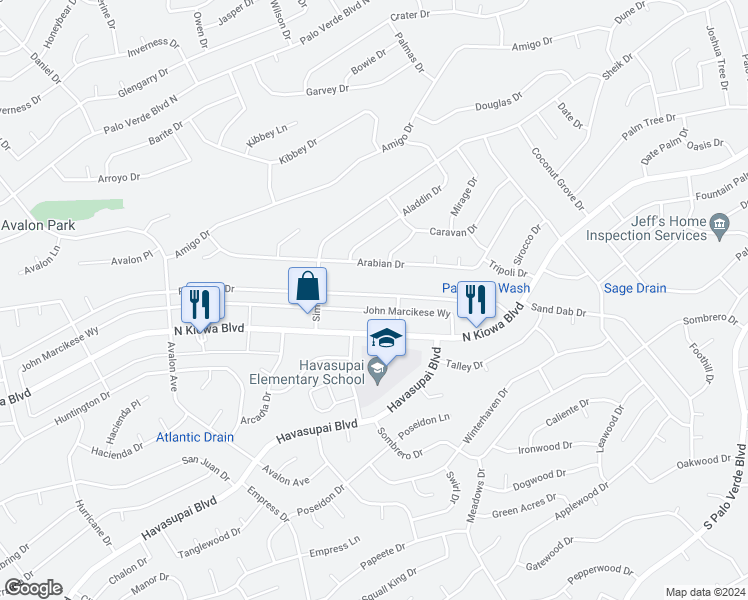 map of restaurants, bars, coffee shops, grocery stores, and more near 2920 Palisades Drive in Lake Havasu City