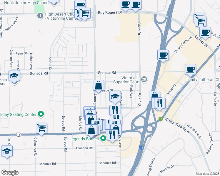 map of restaurants, bars, coffee shops, grocery stores, and more near 15402 West Sage Street in Victorville