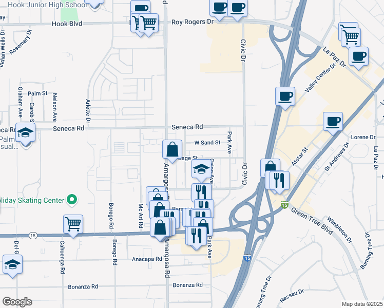map of restaurants, bars, coffee shops, grocery stores, and more near 15402 West Sage Street in Victorville