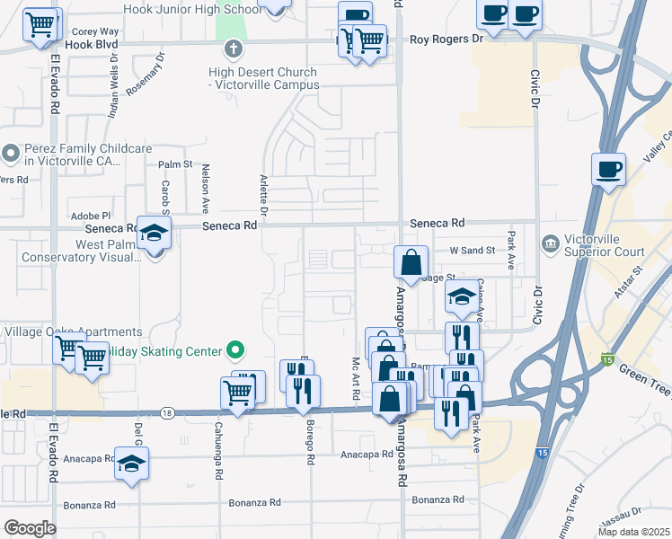 map of restaurants, bars, coffee shops, grocery stores, and more near 14416 Mcart Road in Victorville
