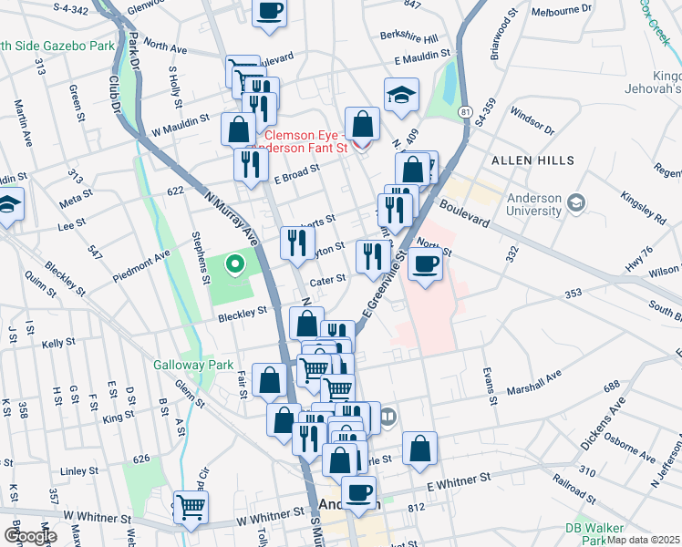 map of restaurants, bars, coffee shops, grocery stores, and more near 209 Cater Street in Anderson