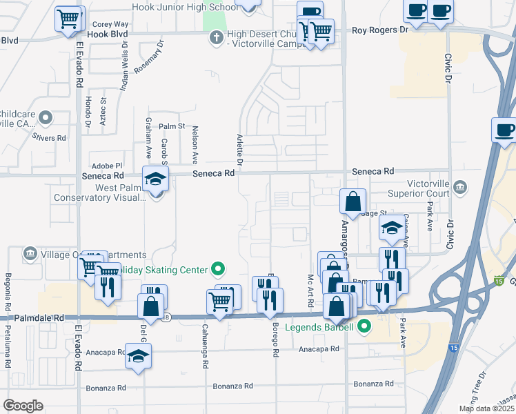 map of restaurants, bars, coffee shops, grocery stores, and more near 14959 Seneca Road in Victorville