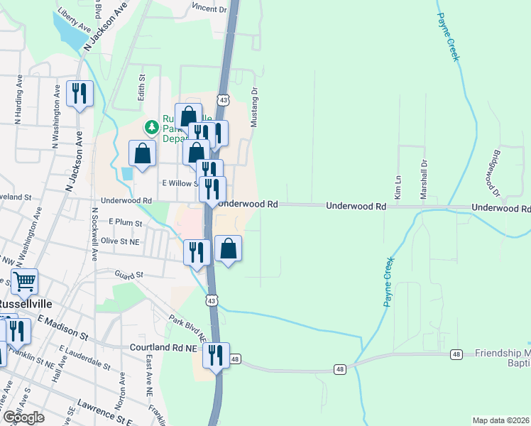map of restaurants, bars, coffee shops, grocery stores, and more near 14-260 Russell Valley Rd in Russellville