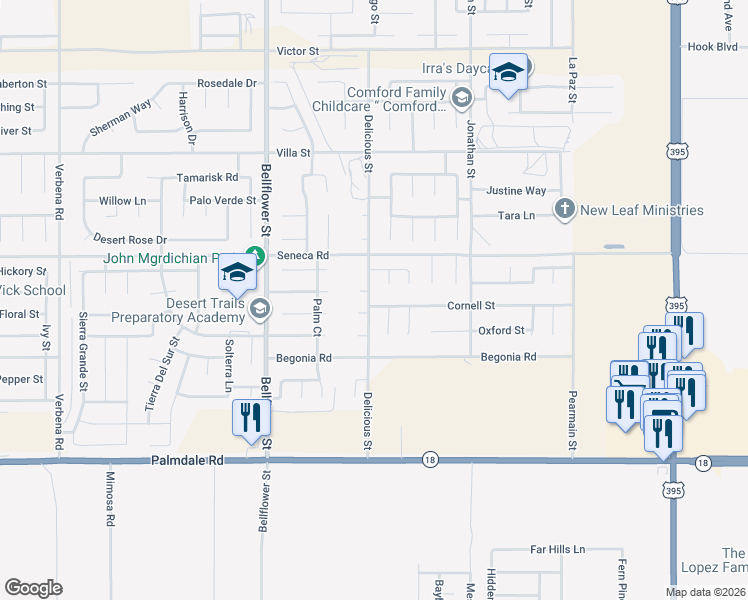 map of restaurants, bars, coffee shops, grocery stores, and more near 11504 Cornell Street in Adelanto
