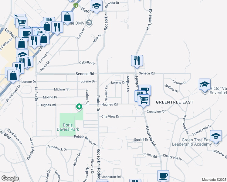map of restaurants, bars, coffee shops, grocery stores, and more near 14375 Cactus Drive in Victorville