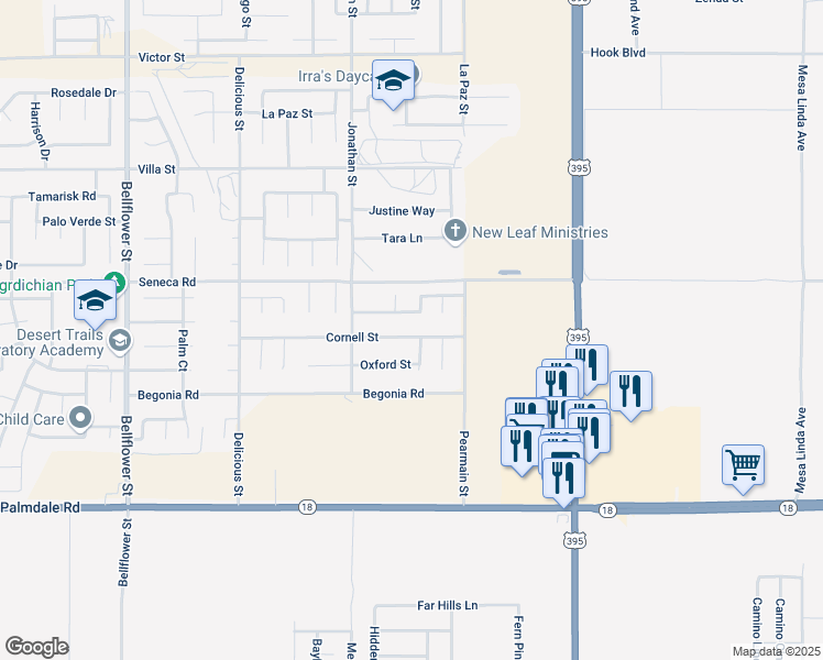 map of restaurants, bars, coffee shops, grocery stores, and more near 11777 Cornell Street in Adelanto