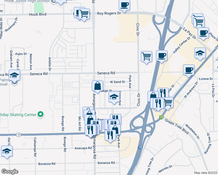 map of restaurants, bars, coffee shops, grocery stores, and more near 15402 West Sage Street in Victorville