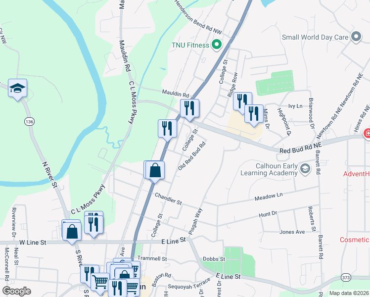 map of restaurants, bars, coffee shops, grocery stores, and more near 411 College Street in Calhoun