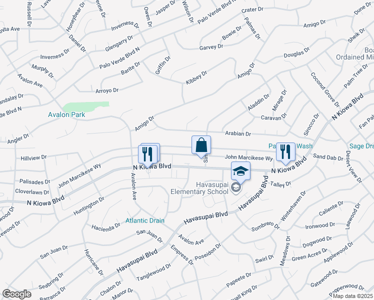 map of restaurants, bars, coffee shops, grocery stores, and more near 2810 Palisades Drive in Lake Havasu City