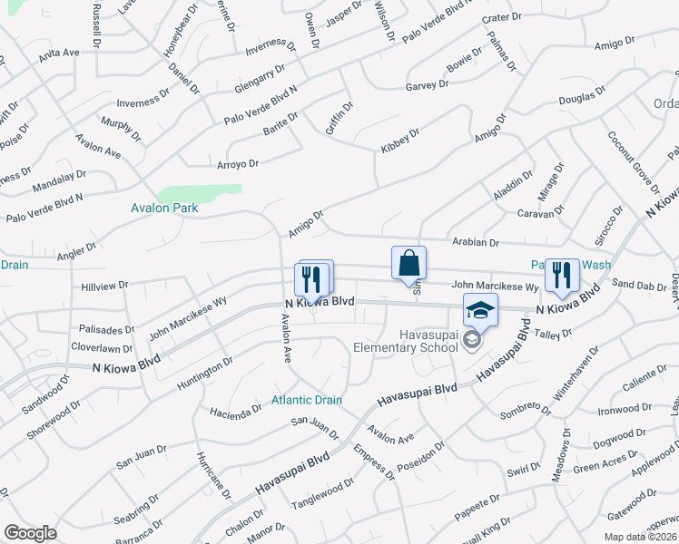 map of restaurants, bars, coffee shops, grocery stores, and more near 2721 North Kiowa Boulevard in Lake Havasu City