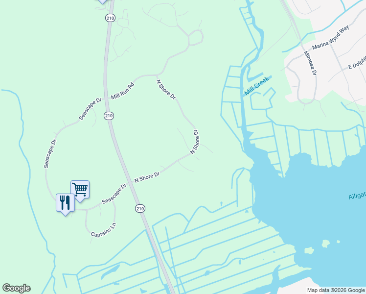 map of restaurants, bars, coffee shops, grocery stores, and more near 217-277 North Shore Drive in Sneads Ferry
